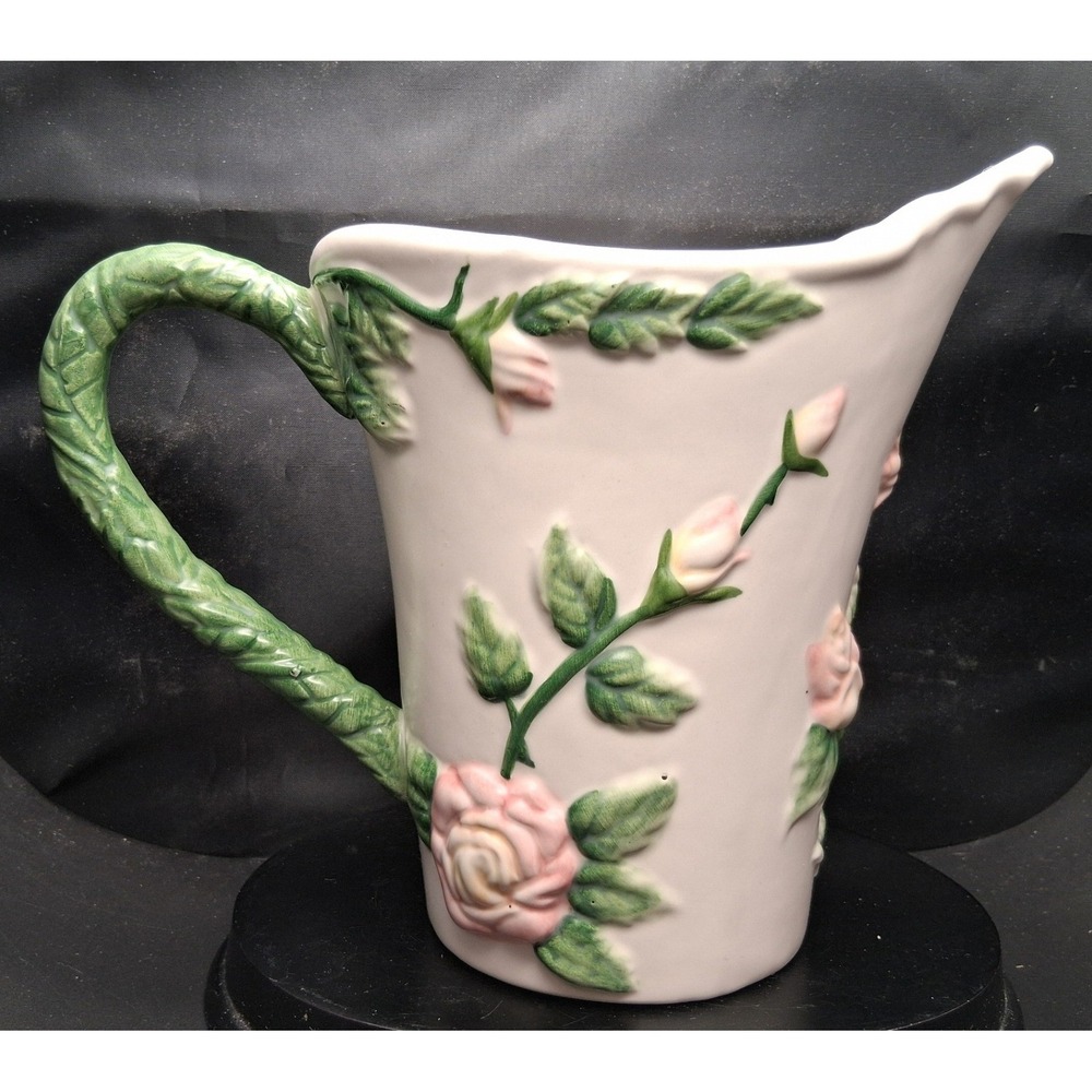 Vintage IBK Ceramic Pink Rose Relief Pitcher Cream Green Vine Handle 7 Inch